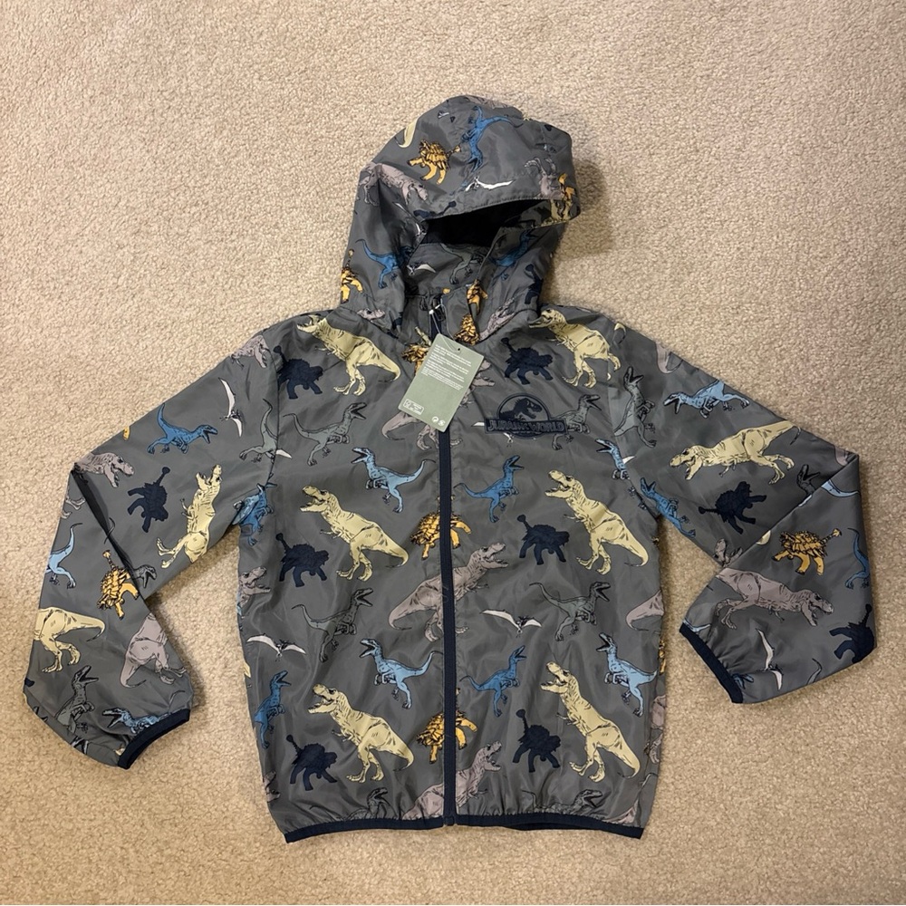Jurassic World H&M Hooded Zipper Jacket Gray All Over Print Kids Size US 8/10